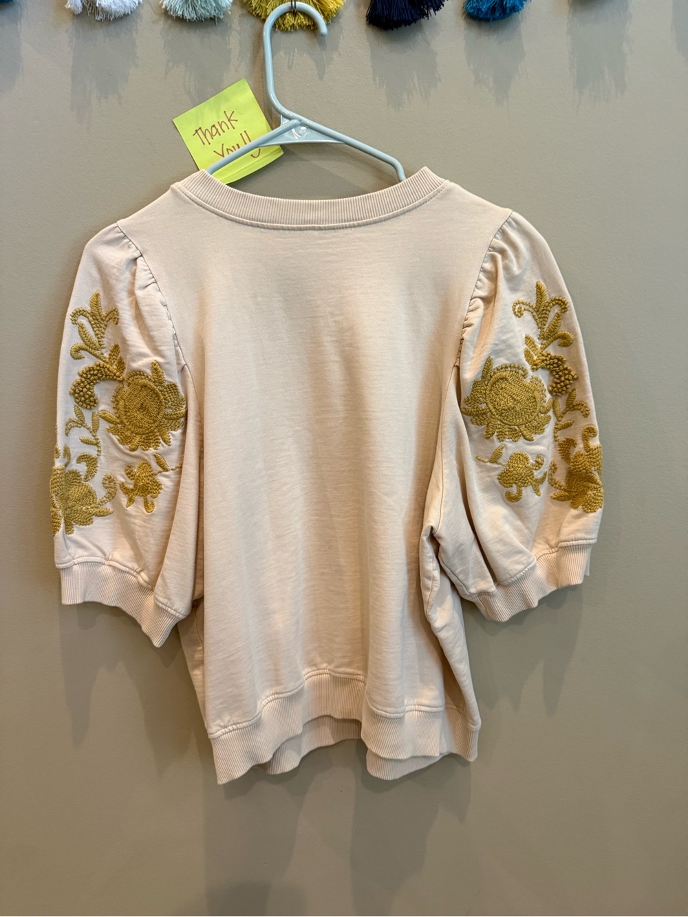 Anthropologie Cream Short-Sleeve Top with Gold Floral Embroidery - Picture 6 of 12